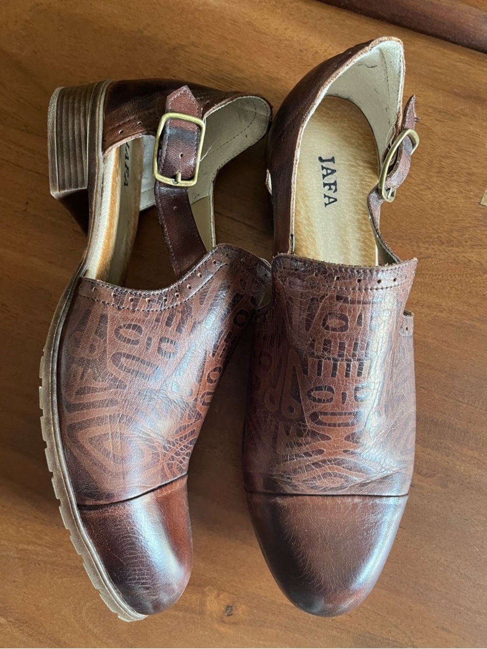 JAFA Brown patterned leather shoes Sz 40EU 9-9.5US Tooled Cutout Buckle #556